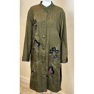Mirasol Womens Silk Embroidered Quilted Jacket 1X Olive Long Mixed Media Artsy